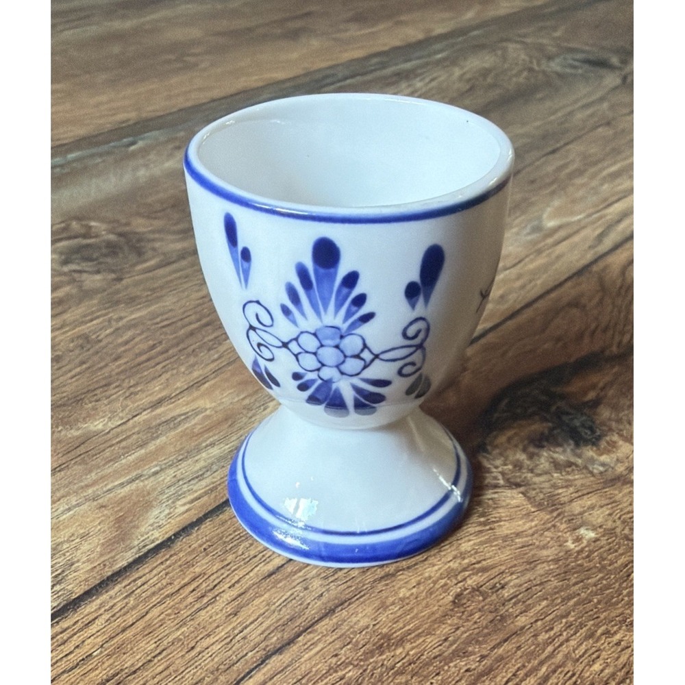 VTG Delft Blue Porcelain Egg Cup Handpainted Windmills & Floral